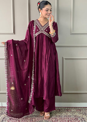 3 Pc Wine Readymade Silk Dupatta Suit Set