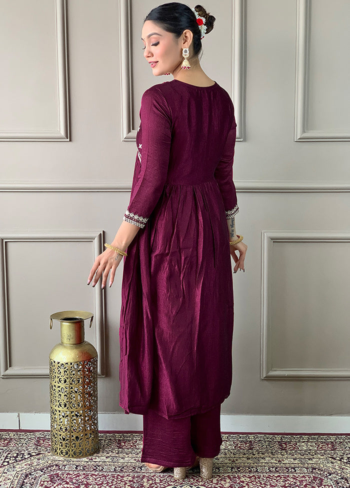 3 Pc Wine Readymade Silk Dupatta Suit Set