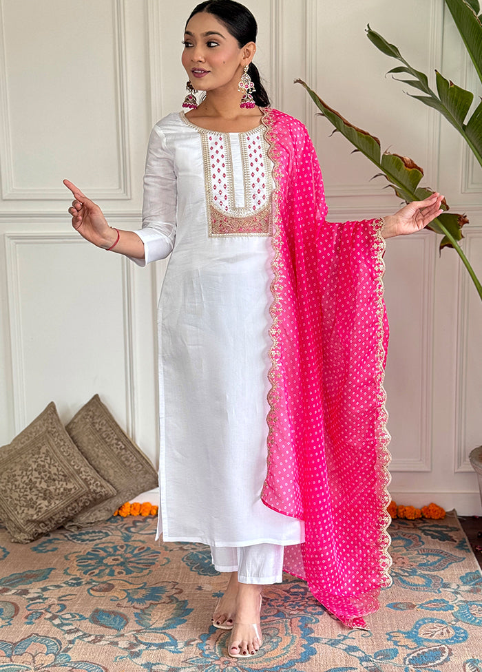 3 Pc White Readymade Viscose Dupatta Suit Set