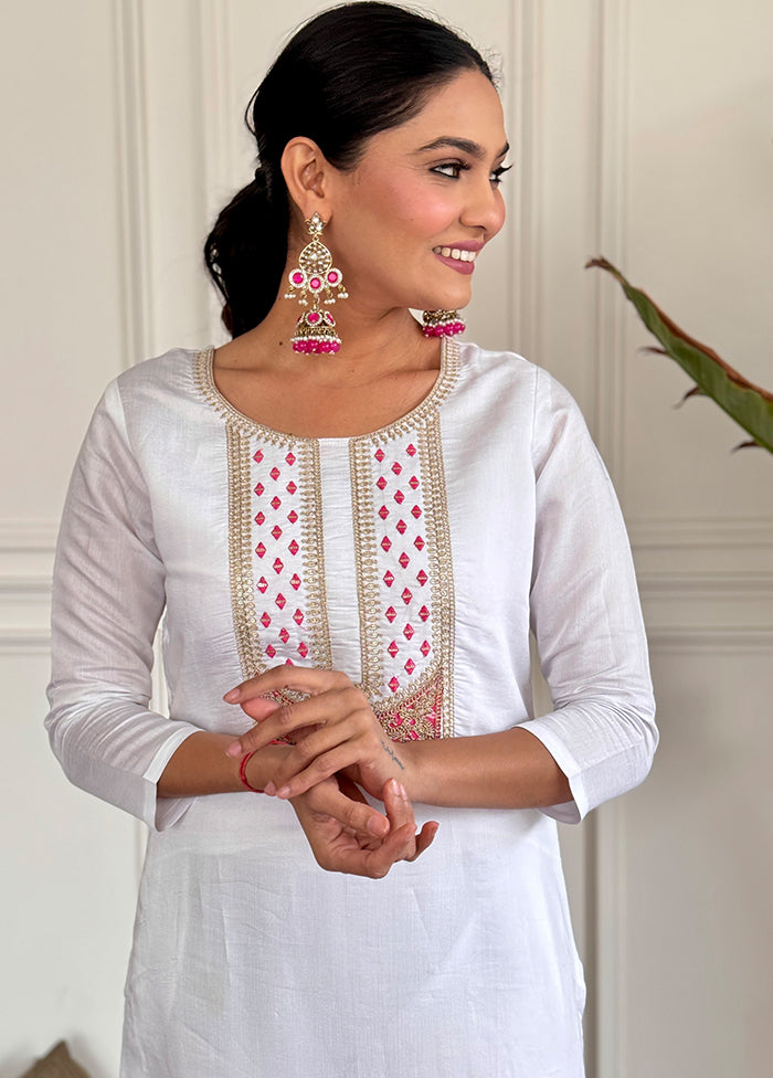 3 Pc White Readymade Viscose Dupatta Suit Set