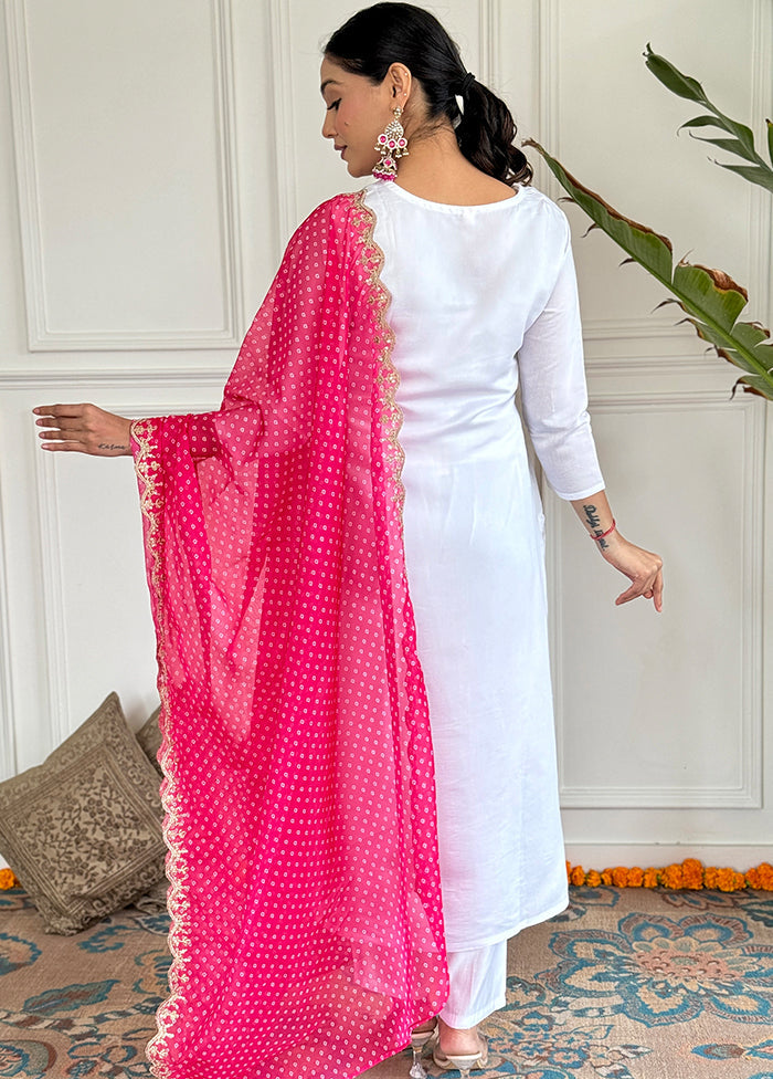 3 Pc White Readymade Viscose Dupatta Suit Set