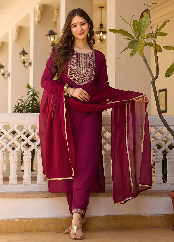 3 Pc Maroon Readymade Rayon Dupatta Suit Set