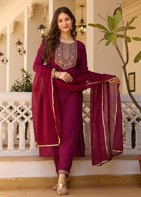3 Pc Maroon Readymade Rayon Dupatta Suit Set
