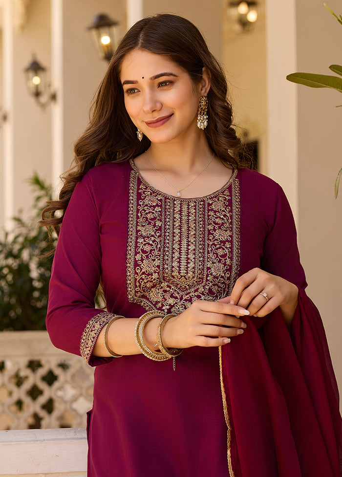 3 Pc Maroon Readymade Rayon Dupatta Suit Set