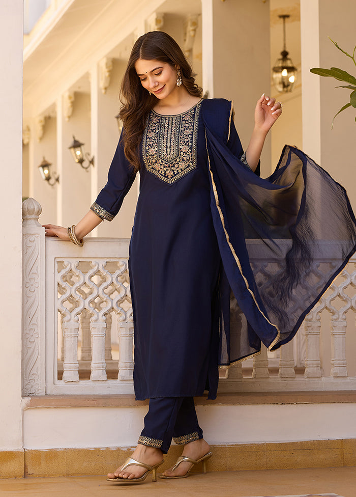 3 Pc Navy Blue Readymade Rayon Dupatta Suit Set