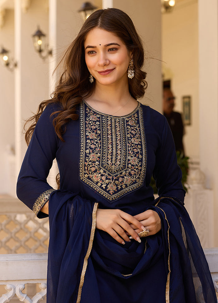 3 Pc Navy Blue Readymade Rayon Dupatta Suit Set