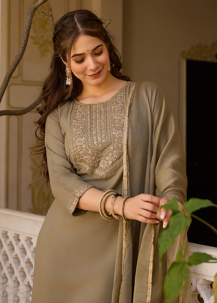 3 Pc Pista Green Readymade Rayon Dupatta Suit Set