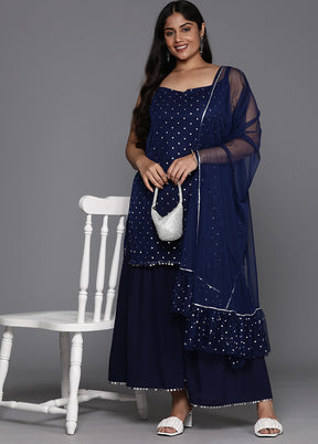 3 Pc Navy Blue Readymade Net Dupatta Suit Set