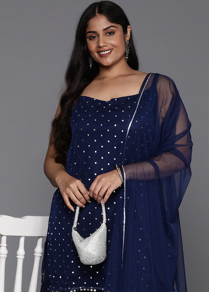3 Pc Navy Blue Readymade Net Dupatta Suit Set