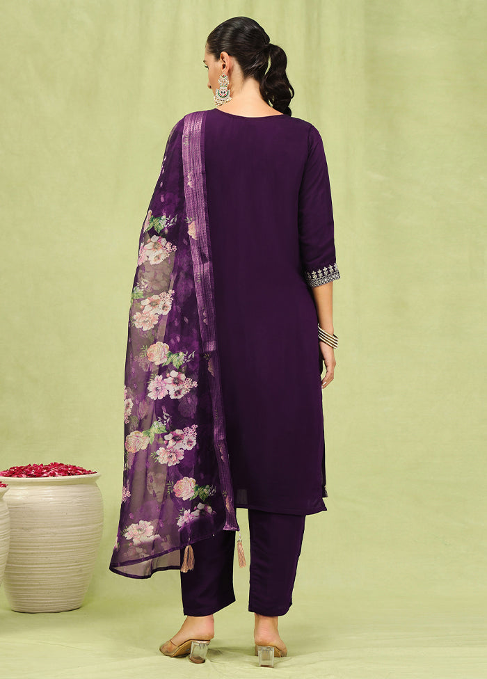 3 Pc Purple Readymade Viscose Dupatta Suit Set