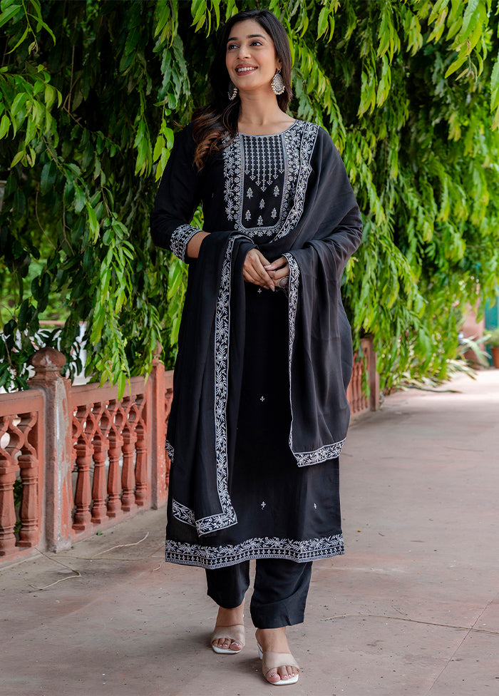 3 Pc Black Readymade Viscose Dupatta Suit Set