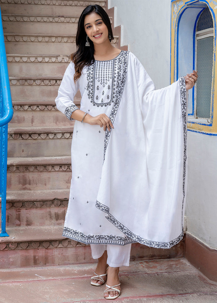 3 Pc White Readymade Viscose Dupatta Suit Set