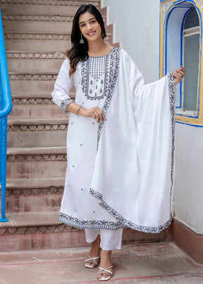 3 Pc White Readymade Viscose Dupatta Suit Set