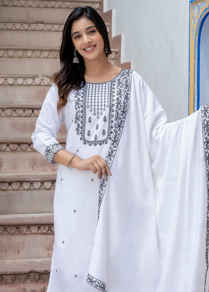 3 Pc White Readymade Viscose Dupatta Suit Set