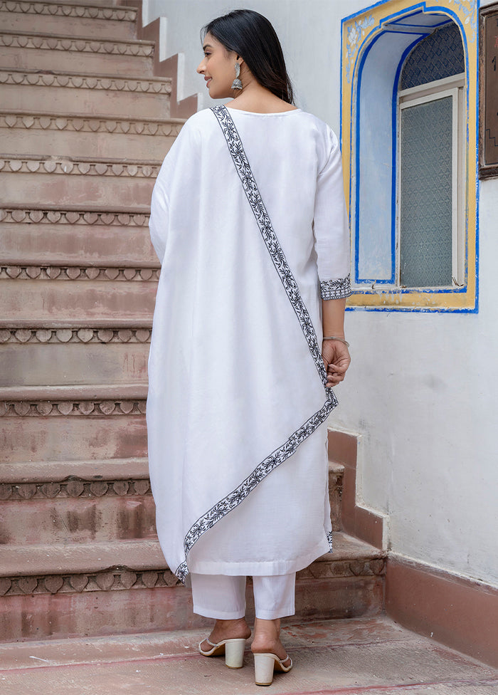 3 Pc White Readymade Viscose Dupatta Suit Set