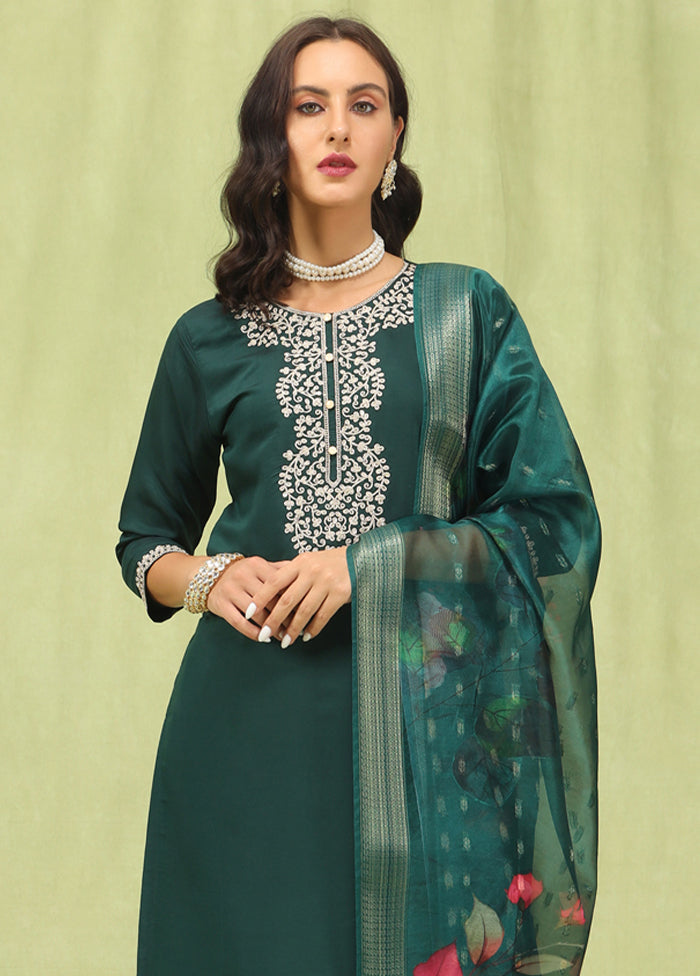 3 Pc Green Readymade Viscose Dupatta Suit Set