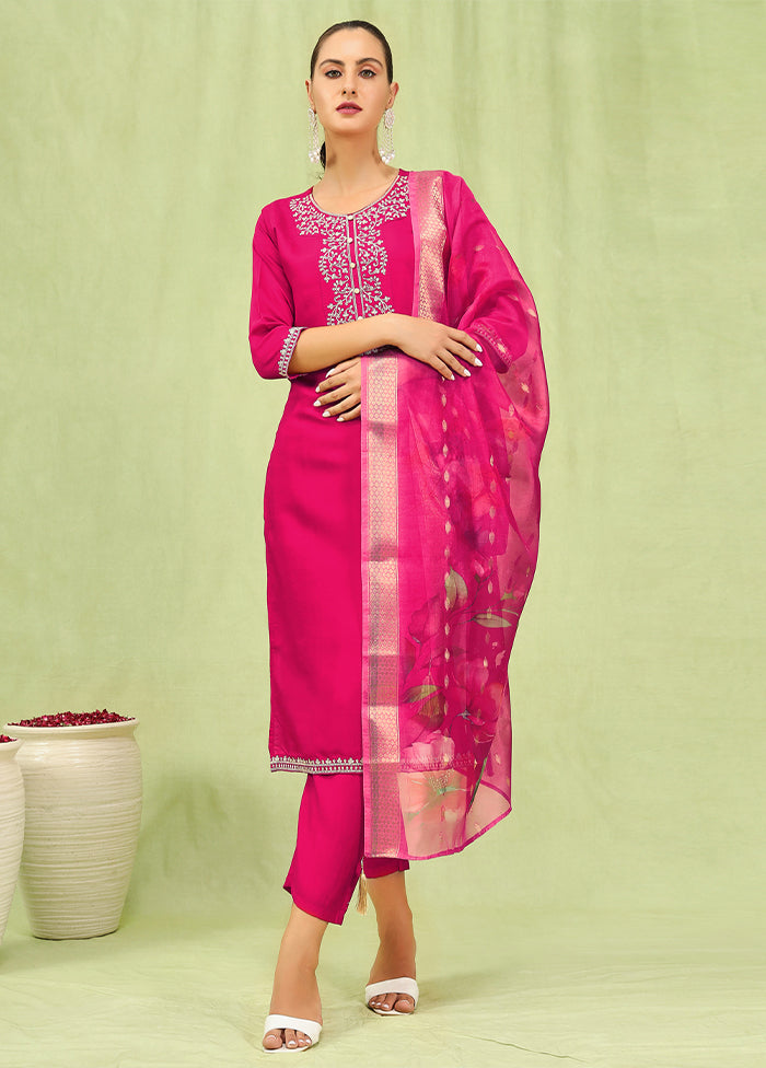 3 Pc Pink Readymade Viscose Dupatta Suit Set