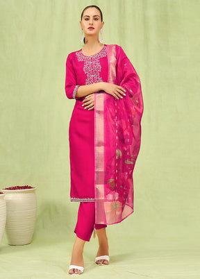 3 Pc Pink Readymade Viscose Dupatta Suit Set