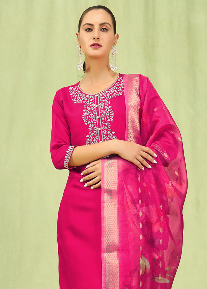 3 Pc Pink Readymade Viscose Dupatta Suit Set