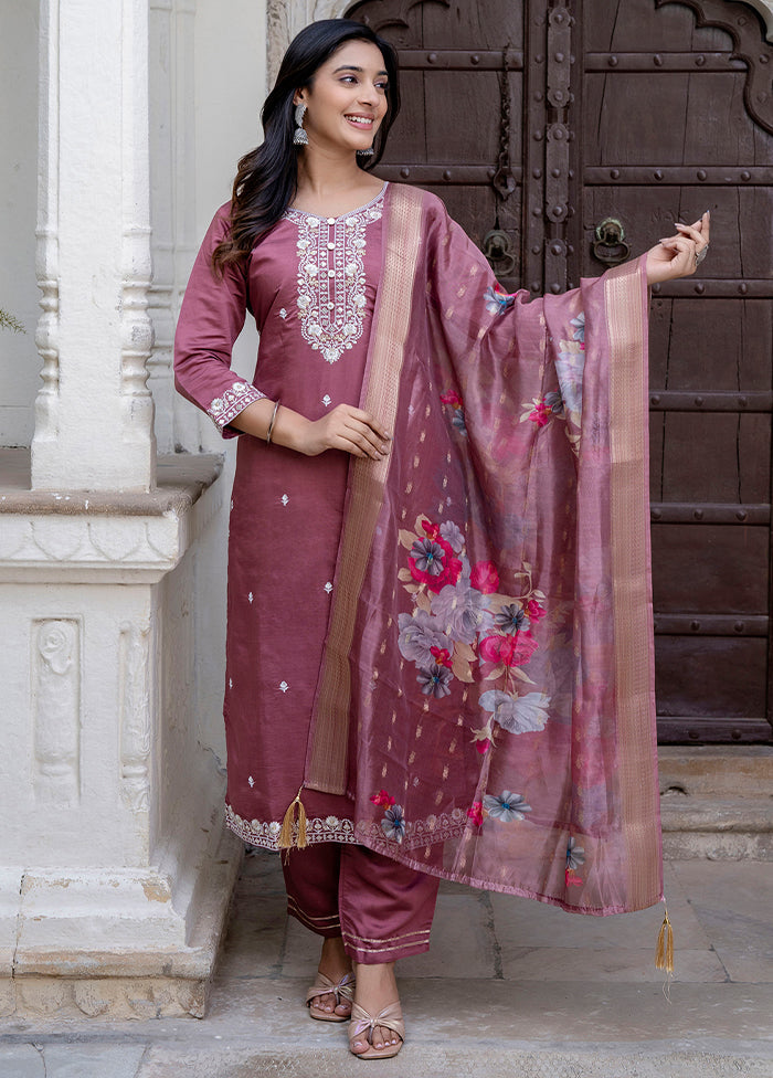 3 Pc Purple Readymade Viscose Dupatta Suit Set