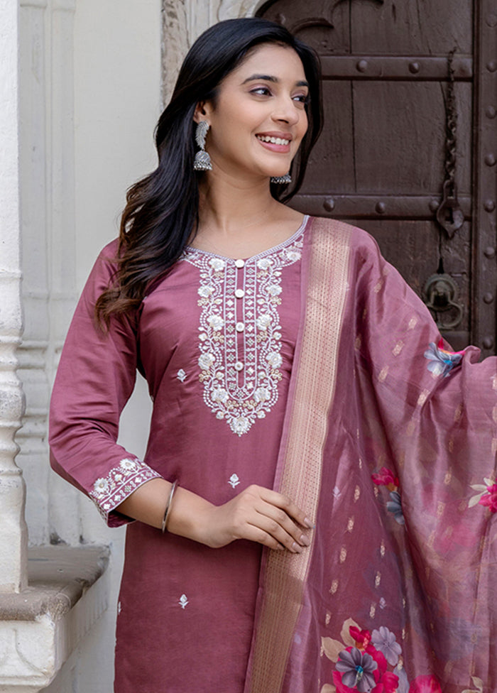3 Pc Purple Readymade Viscose Dupatta Suit Set