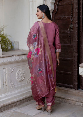 3 Pc Purple Readymade Viscose Dupatta Suit Set