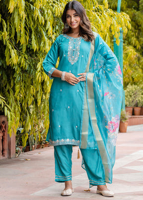 3 Pc Blue Readymade Viscose Dupatta Suit Set