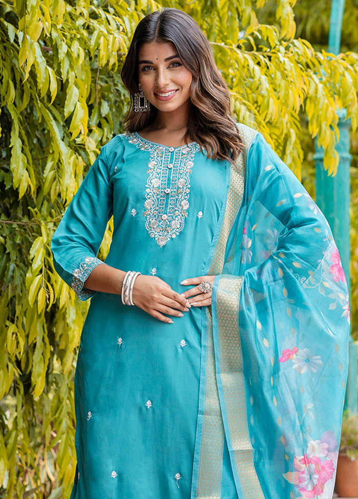 3 Pc Blue Readymade Viscose Dupatta Suit Set