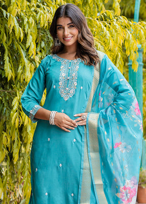 3 Pc Blue Readymade Viscose Dupatta Suit Set