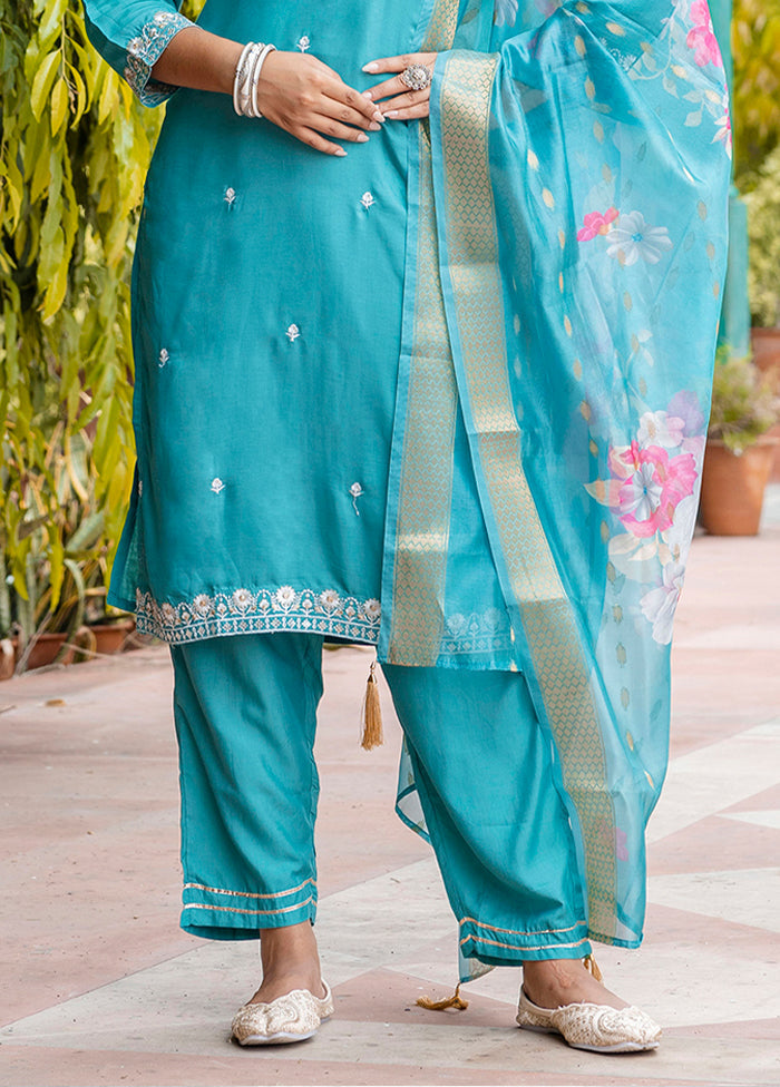3 Pc Blue Readymade Viscose Dupatta Suit Set