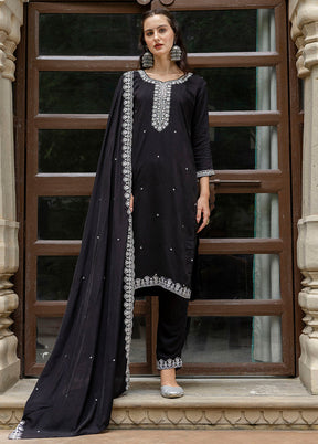 3 Pc Black Readymade Viscose Dupatta Suit Set