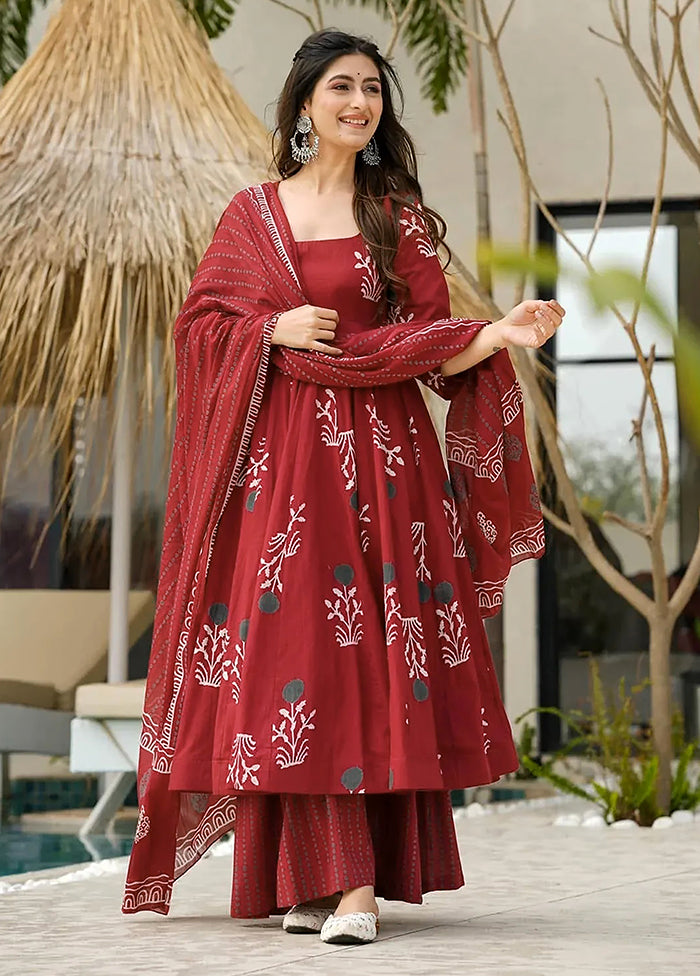 3 Pc Maroon Readymade Cotton Dupatta Suit Set