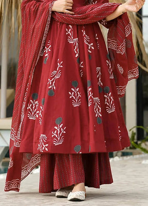 3 Pc Maroon Readymade Cotton Dupatta Suit Set