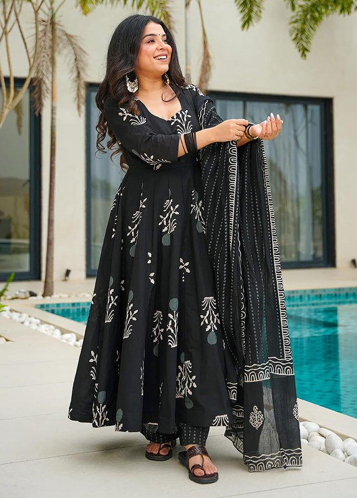 3 Pc Black Readymade Cotton Dupatta Suit Set