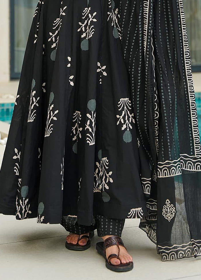 3 Pc Black Readymade Cotton Dupatta Suit Set
