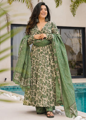 3 Pc Pista Green Readymade Cotton Dupatta Suit Set