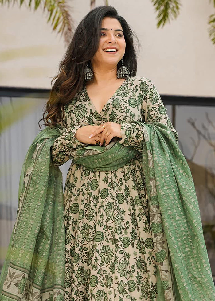 3 Pc Pista Green Readymade Cotton Dupatta Suit Set