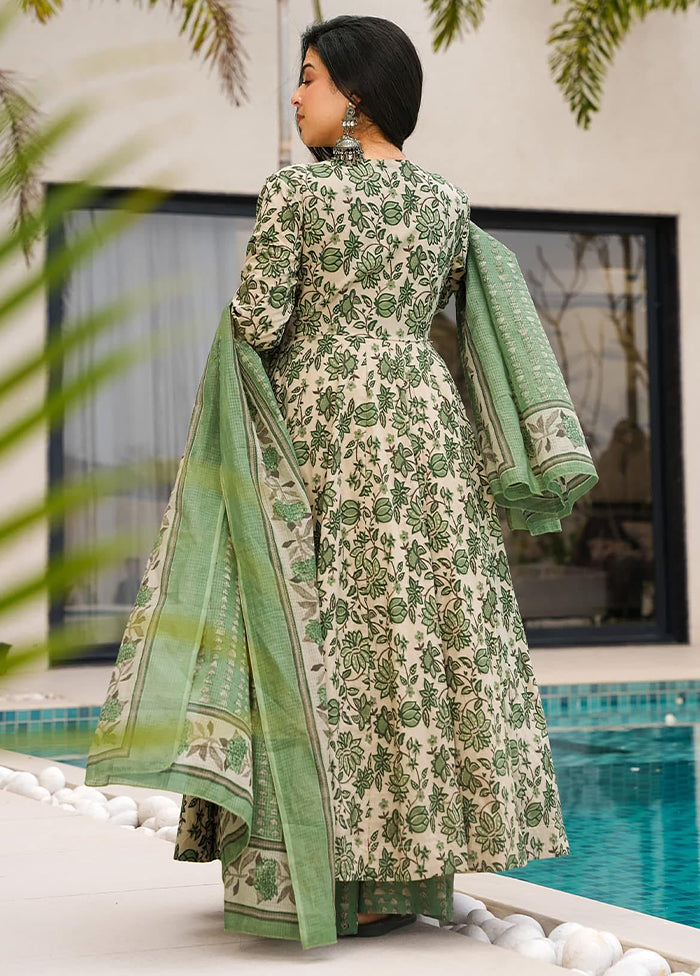3 Pc Pista Green Readymade Cotton Dupatta Suit Set