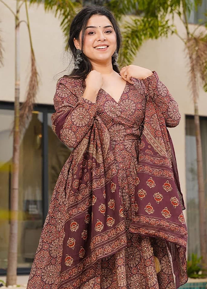 3 Pc Brown Readymade Cotton Dupatta Suit Set