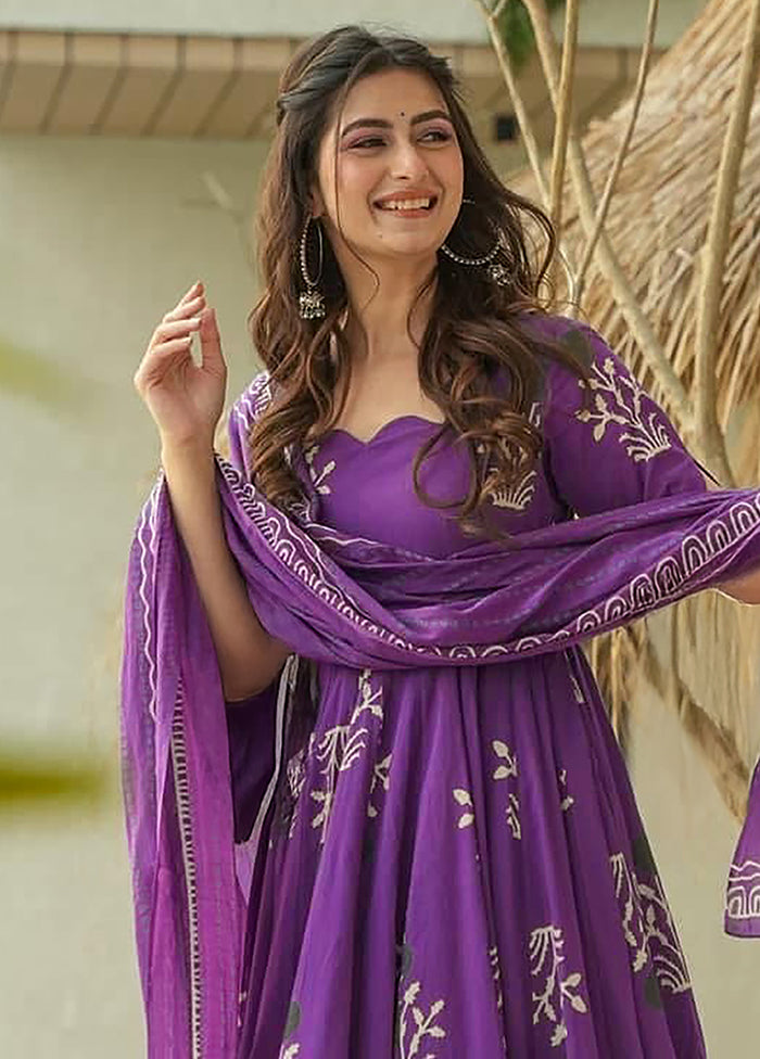 3 Pc Purple Readymade Cotton Dupatta Suit Set