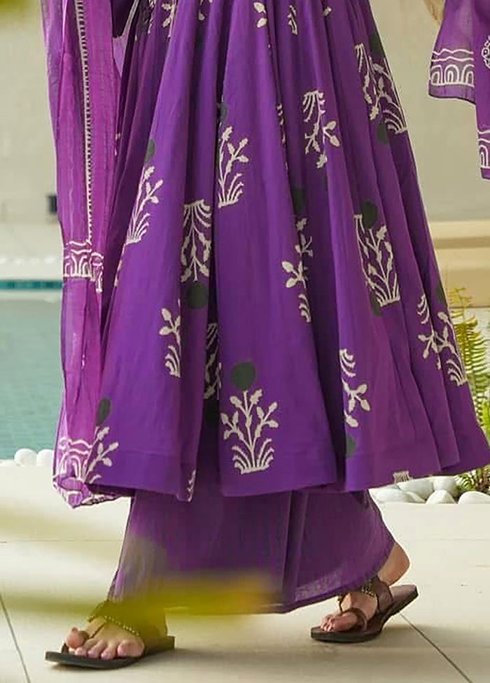 3 Pc Purple Readymade Cotton Dupatta Suit Set