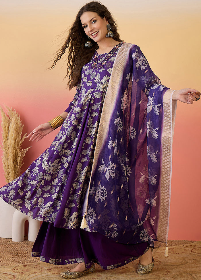 3 Pc Purple Readymade Silk Dupatta Suit Set