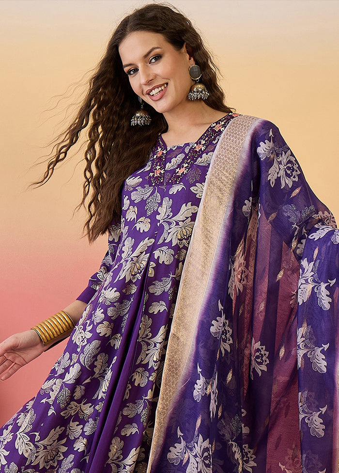 3 Pc Purple Readymade Silk Dupatta Suit Set