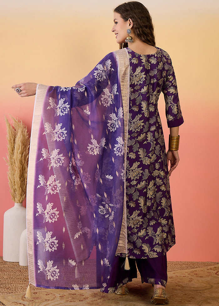 3 Pc Purple Readymade Silk Dupatta Suit Set