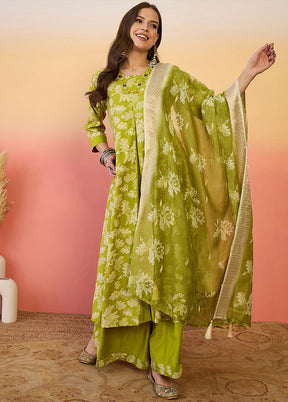 3 Pc Green Readymade Silk Dupatta Suit Set