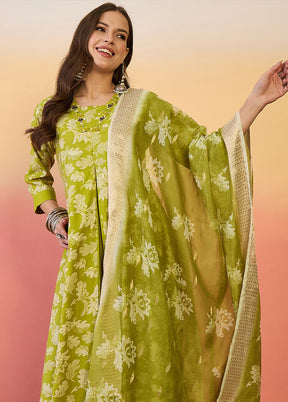 3 Pc Green Readymade Silk Dupatta Suit Set