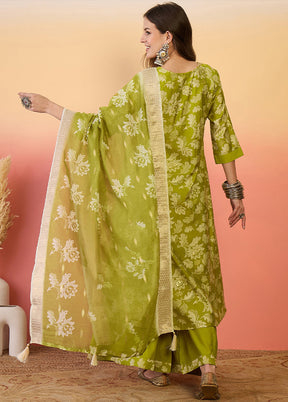 3 Pc Green Readymade Silk Dupatta Suit Set