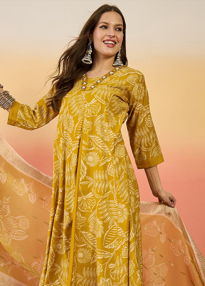 3 Pc Mustard Readymade Silk Dupatta Suit Set