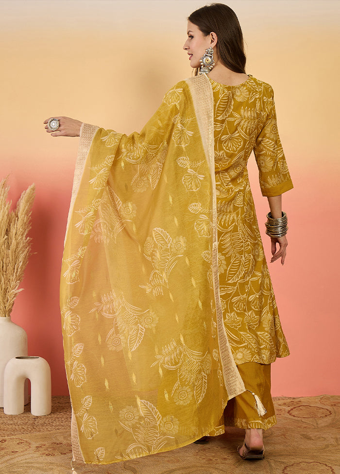 3 Pc Mustard Readymade Silk Dupatta Suit Set