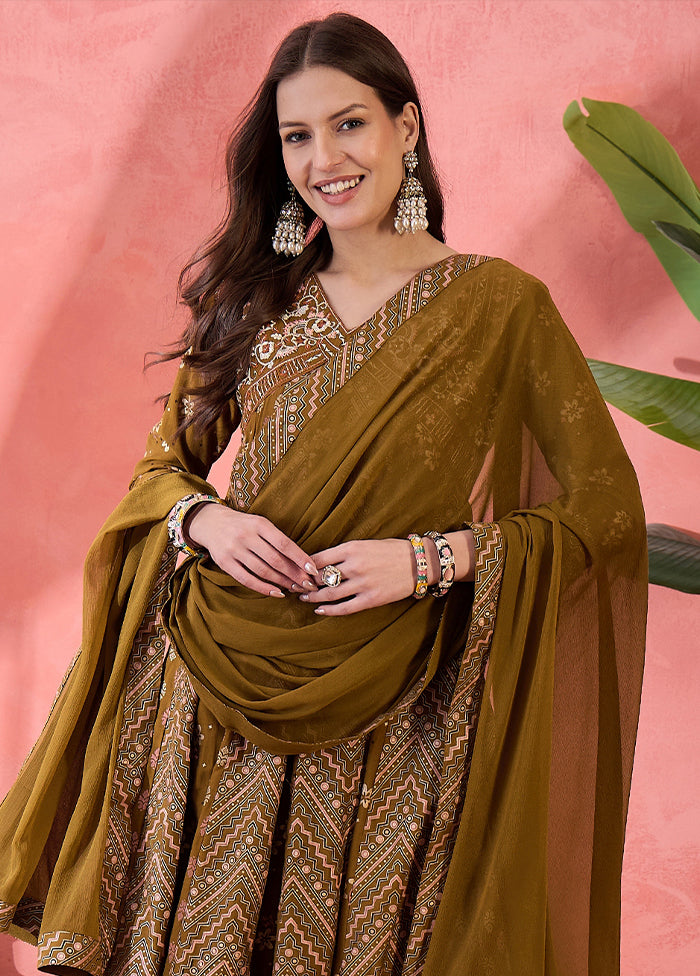 3 Pc Brown Readymade Silk Dupatta Suit Set